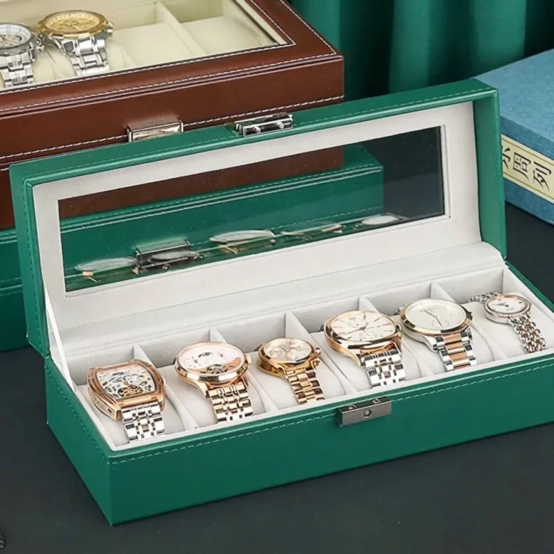 6 Slot Watch Box Organizer - Green PU Leather Case – open green leather watch box