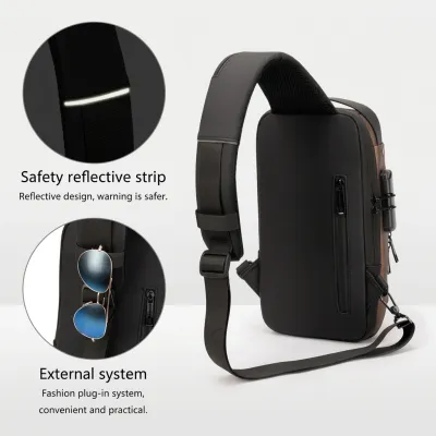 Back view of Anti Theft Sling Bag showing padded shoulder strap, safety reflective strip, and sunglasses holder