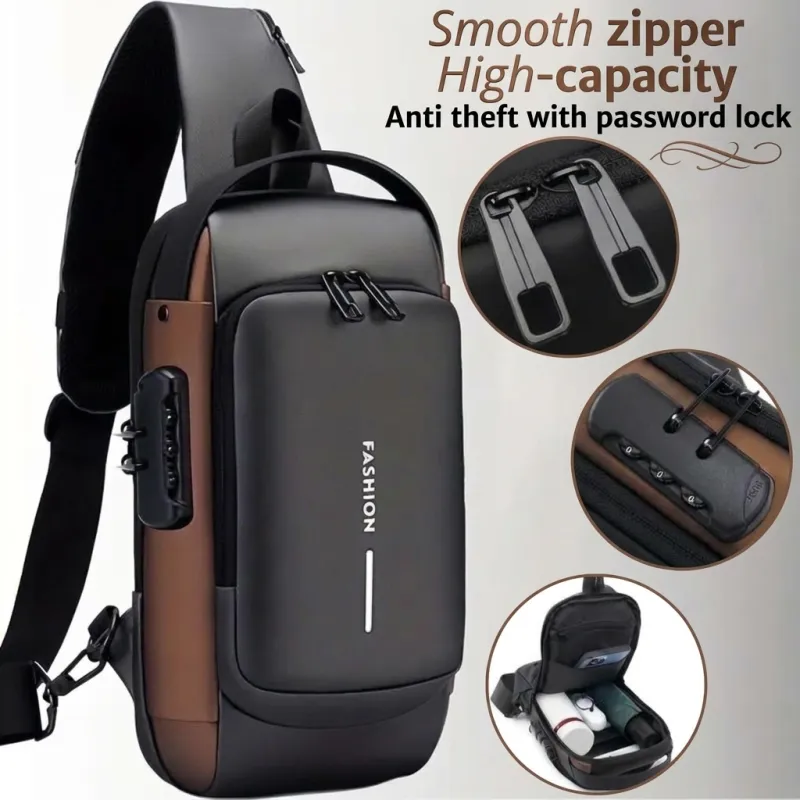 Anti Theft Sling Bag in black and brown featuring a password combination lock, smooth zippers, and spacious interior