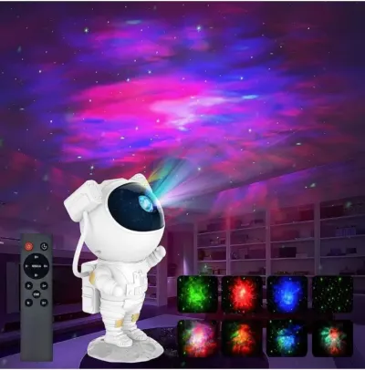 Astronaut Galaxy Projector with remote control projecting colorful starry sky and nebula effects onto the ceiling.