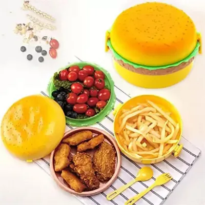 Burger Lunch Box with Compartments & Reusable Cutlery – Portable Food Storage Container for School