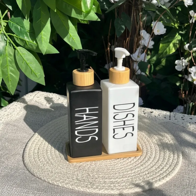 Ceramic Soap Dispenser Set With Bamboo Base 500ml – with its packaging