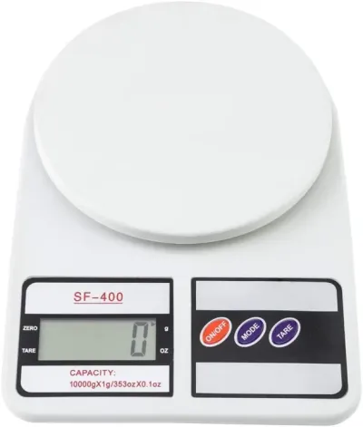Front top view of the white Digital Kitchen Scale SF-400 showing its digital LCD display screen reading zero.