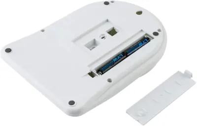 Bottom angle of Digital Kitchen Scale SF-400 with an open battery compartment cover and two AA batteries inside.