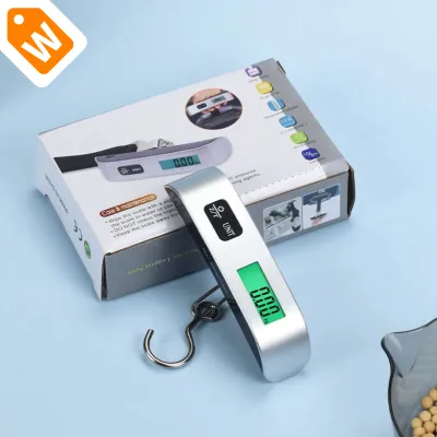Digital Luggage Scale in silver with stainless steel hook alongside its original product packaging box.