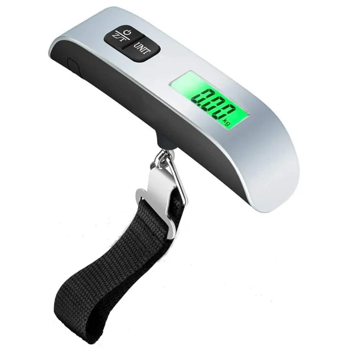 Silver Digital Luggage Scale angled view with black strap, stainless steel hook, and active green LCD screen.