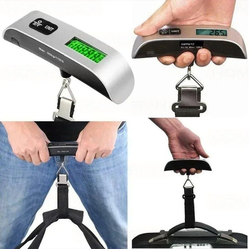 Four views showing a Digital Luggage Scale held in hand and attached to bag handles to weigh items.