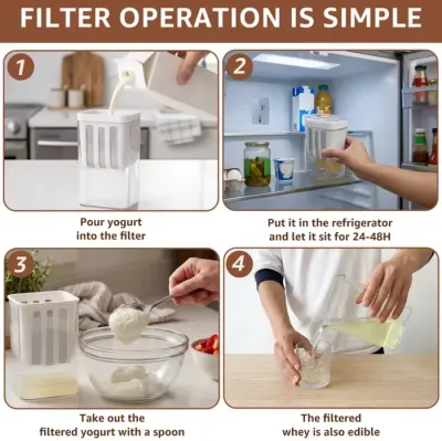 A four-step graphic guide showing how to pour, refrigerate, scoop yogurt, and pour whey using the Greek Yogurt Strainer.