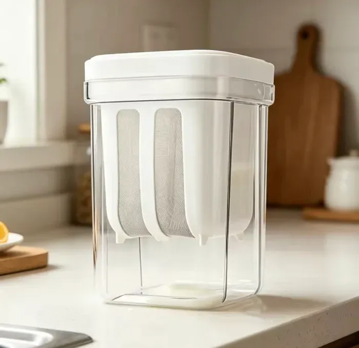 A clear plastic Greek Yogurt Strainer with a white inner fine mesh filter sitting on a kitchen counter.