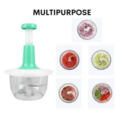 Multipurpose hand press chopper shown beside top-view circles demonstrating finely chopped vegetables and minced meat.
