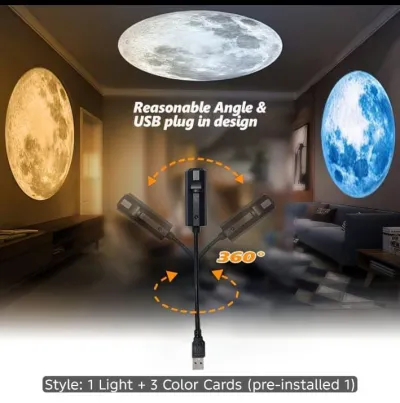 Flexible USB Moon Projection Lamp displaying 360-degree rotation capability with warm, white, and blue light colors.
