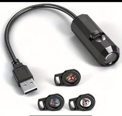 Black USB Moon Projection Lamp with flexible gooseneck cable and three small removable pattern film slides.