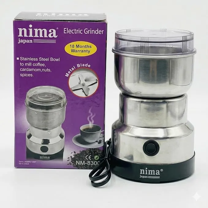 Nima Electric Grinder NM-8300 Stainless Steel unit next to its purple box packaging.