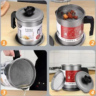 Four-step view showing the stainless steel Oil Filter Pot assembled, filtering food remnants, and disassembled.