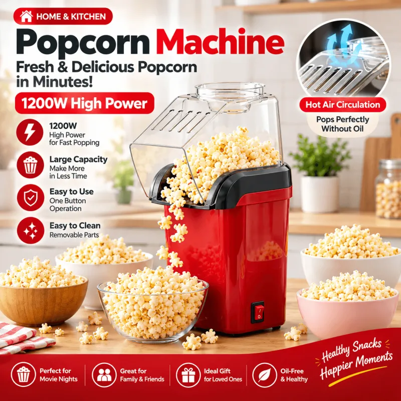 Red electric hot air popcorn maker 1200W with freshly popped popcorn filling glass and ceramic bowls on a table.