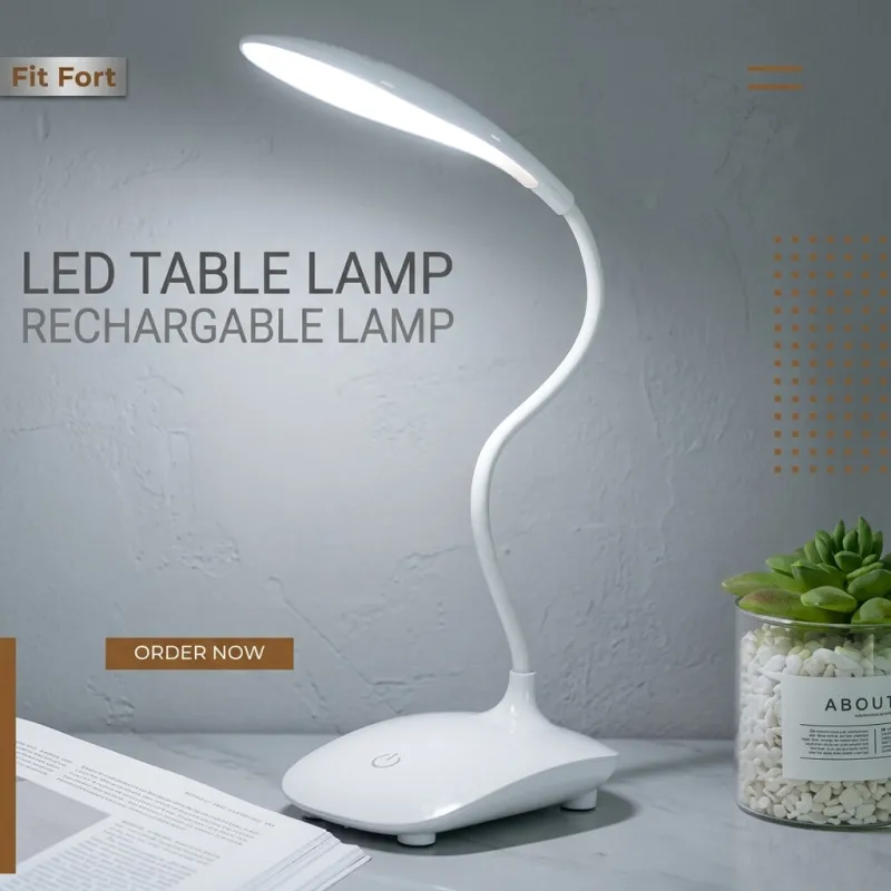 White rechargeable study lamp price in Pakistan on a desk next to books and a potted plant.