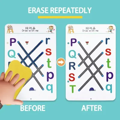 Before and after illustration showing how to wipe clean the Reusable Tracing Workbook for Kids with a sponge duster.