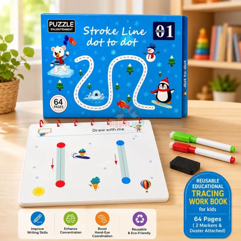 Reusable Tracing Workbook for Kids with blue box, two dry-erase markers, and duster on a wooden surface.