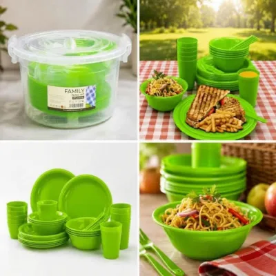 Four-grid collage showing the green Saga Picnic Set 37 Pieces packaged in its bucket, arranged, and serving food.