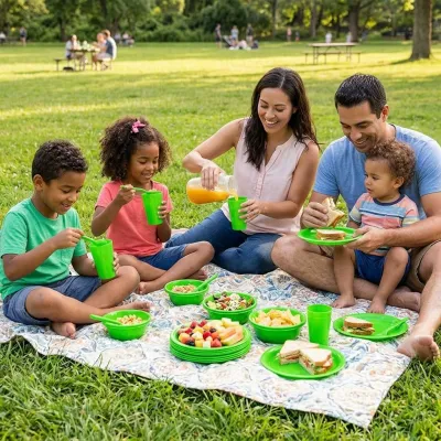 Family enjoying an outdoor picnic together using the bright green plastic Saga Picnic Set 37 Pieces on a blanket.
