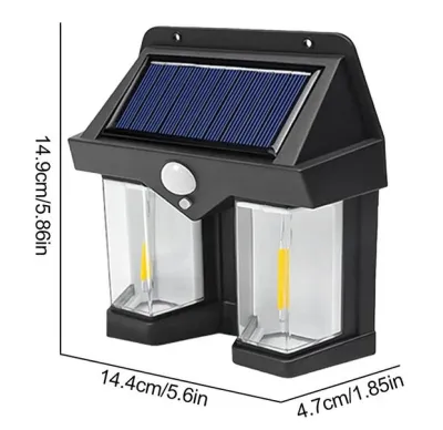 Dimensions of the Solar Wall Light Pakistan showing height 14.9cm, width 14.4cm, and depth 4.7cm.