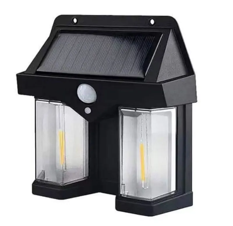 Black Solar Wall Light Pakistan with solar panel on top, motion sensor, and dual transparent LED lanterns.