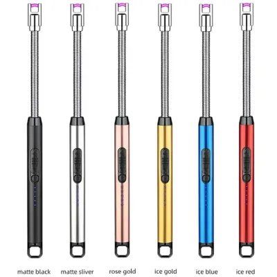 Six color options of the USB Rechargeable Arc Lighter lined up vertically: black, silver, rose gold, gold, blue, red.