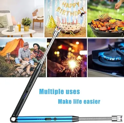 Black and blue USB Rechargeable Arc Lighter shown with photo collage of birthday, camping, and barbecue uses.