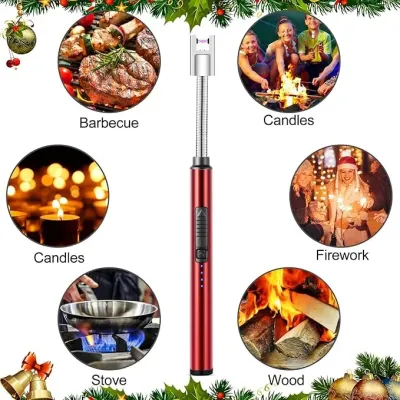 Red USB Rechargeable Arc Lighter shown alongside various usage scenarios like stove, candles, and barbecue.