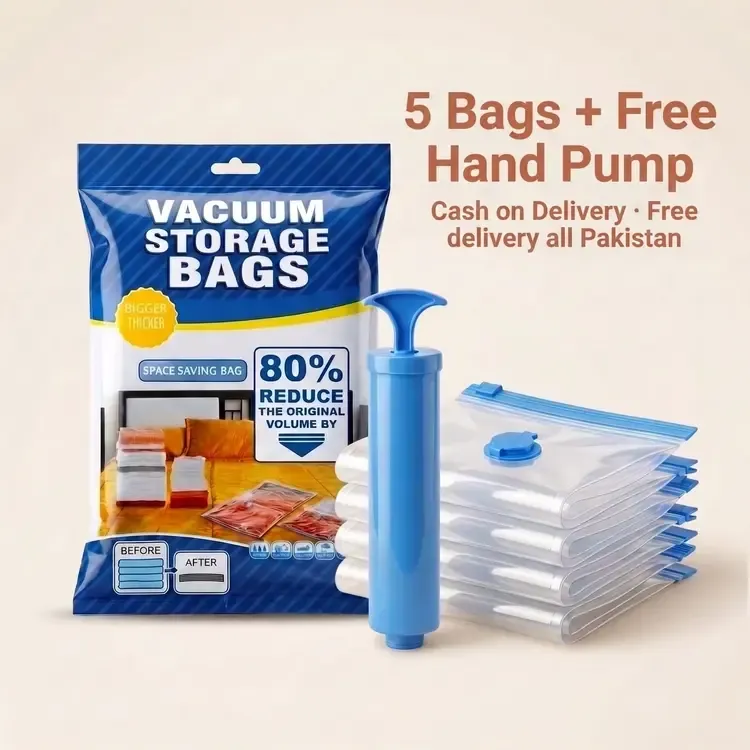 Packaged Vacuum Storage Bags in Pakistan including 5 clear bags and a blue hand pump.