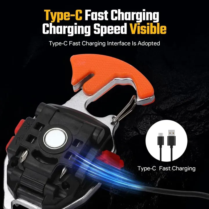 W5147 Keychain Light showing Type-C fast charging interface with a charging cable plugged into the side port.